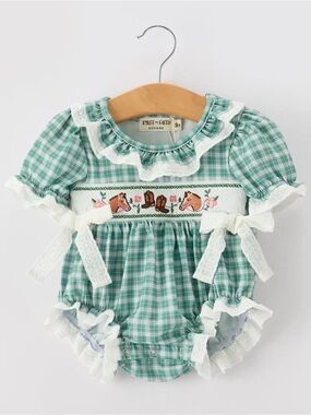 Green Gingham Smocked Horse Baby One-Piece